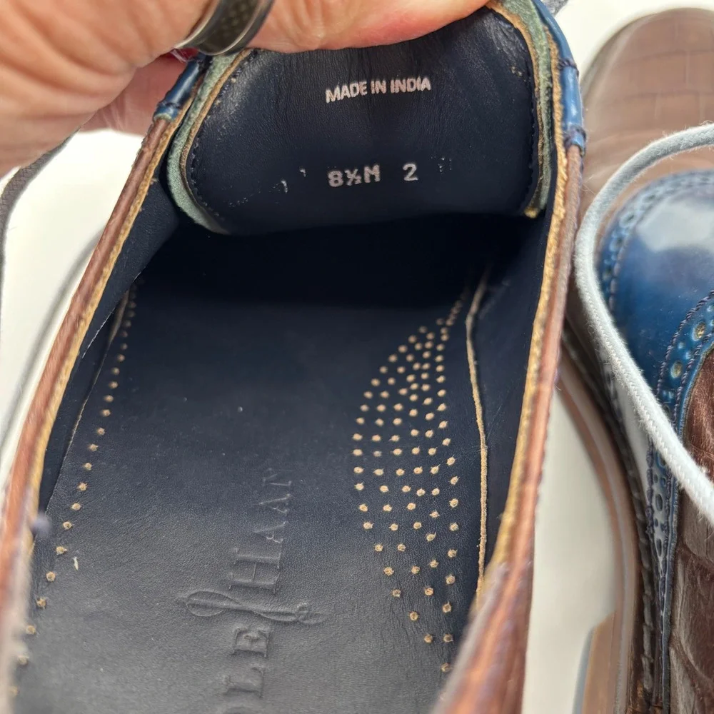 Cole Haan Mens Oxford Shoes 8.5 Brown Blue Croc Embossed Leather Brogue Wingtip